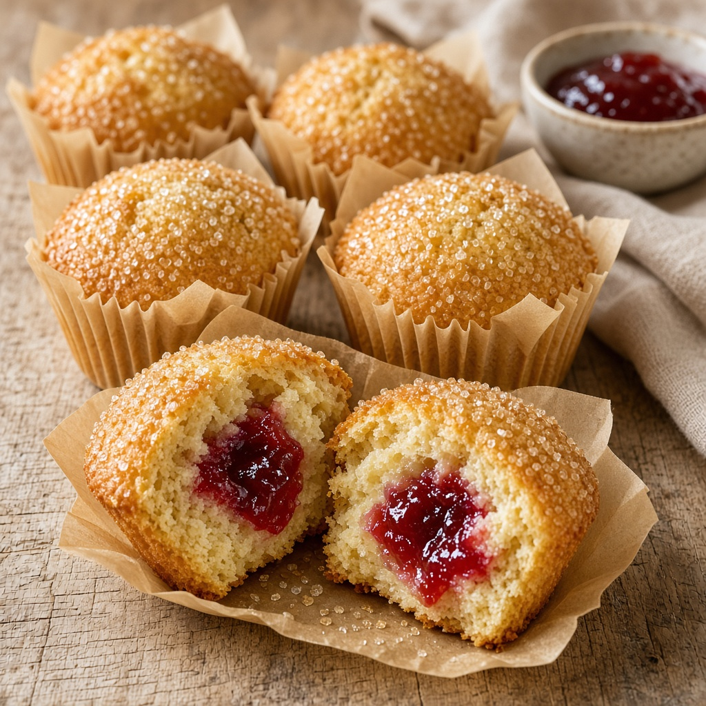 Muffin alla marmellata con zucchero turbinado, uno spezzato a metà per mostrare il cuore di marmellata